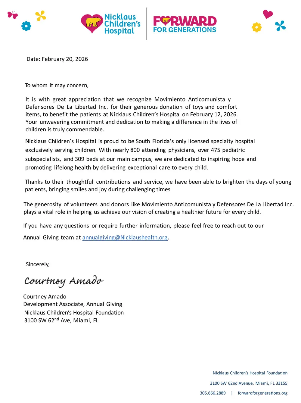Acknowledgement letter from Nicklaus Children's Hospital